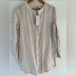 St Tropez West Striped Beige Button-Up Women's Top Blouse Vacation Linen S NWT